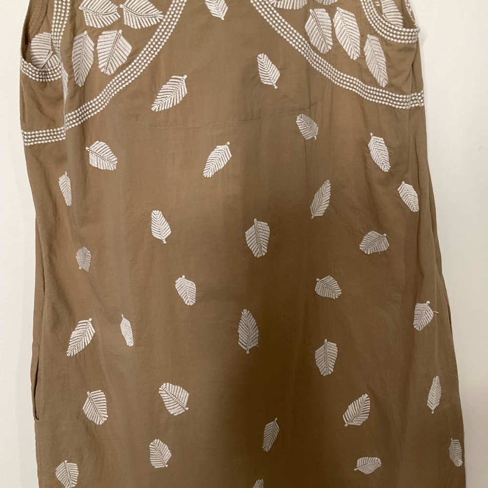 Gretchen Scott Designs Sleeveless Halter Neckline Tan White Leaf Pattern Dress M - Picture 12 of 16